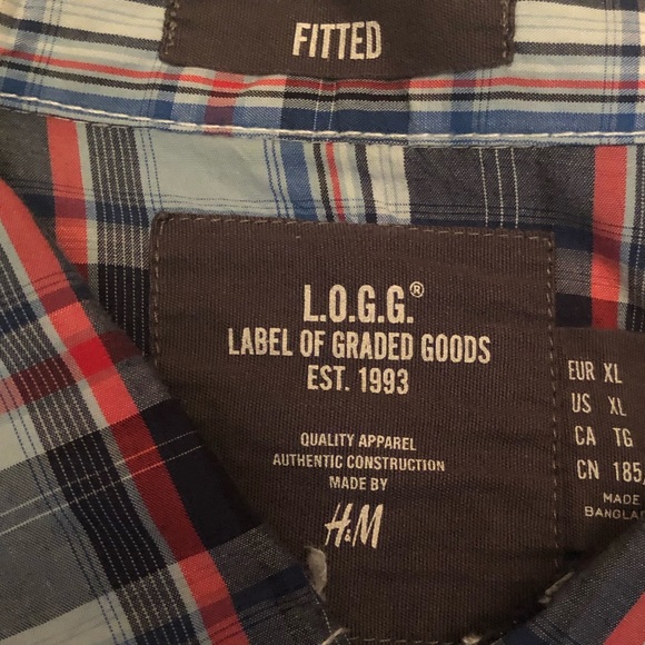 H&M L.O.G.G. Fitted Plaid Long Sleeve Button Down Shirt red white blue size XL - Picture 3 of 5